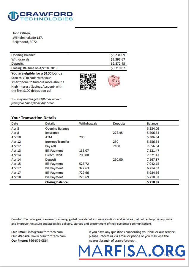 Printable Netherlands (Holland) Crawford Technologies bank statement word real example